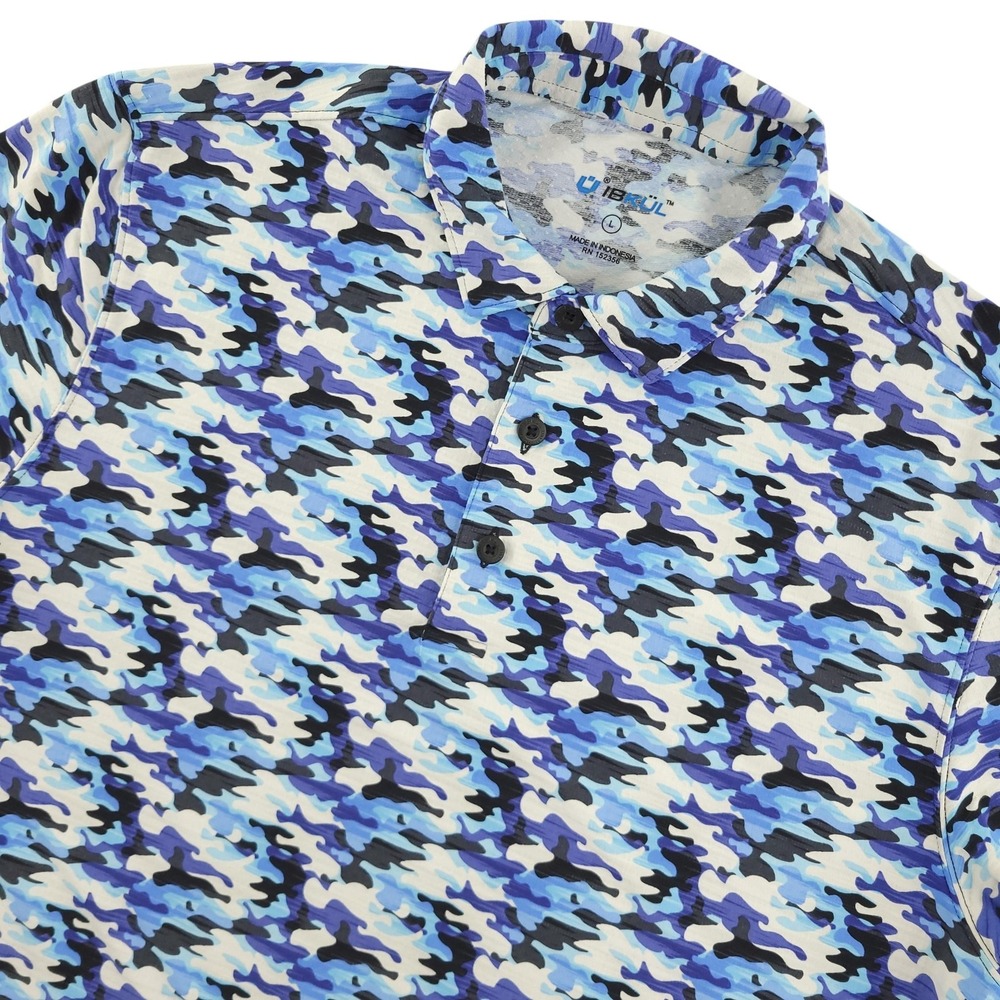 IBKUL Polo Shirt Mens L Blue Camo Print Golf Performance Stretch Lightweight Top